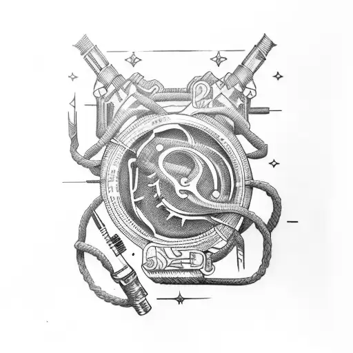 Create A Tattoo Design Featuring A Vintage Rifle Intertwined With Intricate Car Engine Parts