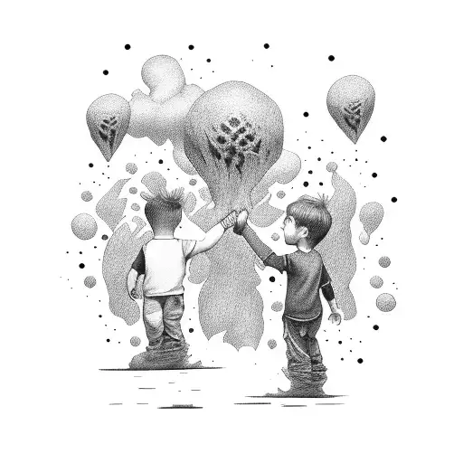 Boy Holding Hands With His Older Self Walking Up To Heaven