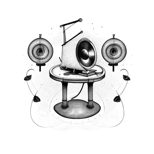 Cartoon Gramophone Surrounded My Music Notes And Drums
