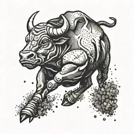 A Stock Market Bull Charging Through A Mountain Range With Football Helmets Scattered Around