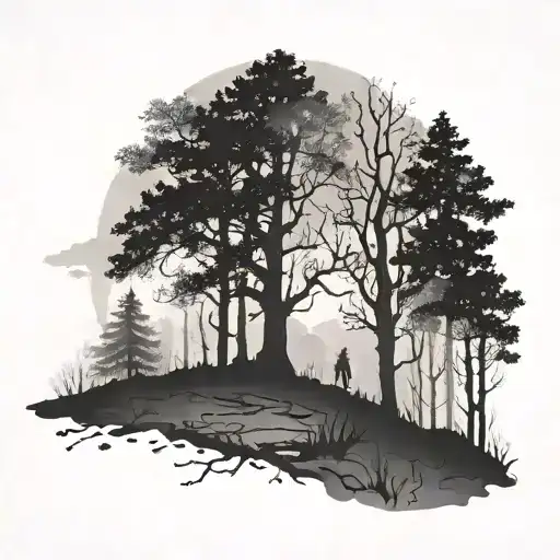 A Creepy Forest Scene With A Silhouette Of A Nurse Figure Standing In The Mist