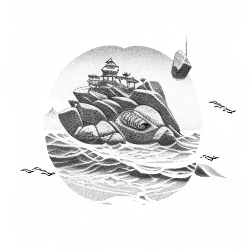 A Beach With Waves And Small Rock Pier