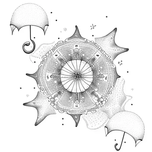 A Beach Scene With A Floral Umbrella Under A Starry Night Sky