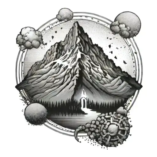 A Dotwork Tattoo Of A Mountain Peak With A Keyhole Design Hidden Within The Landscape