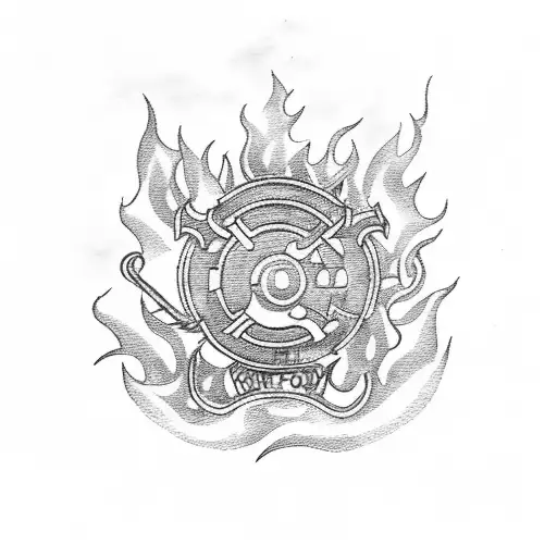 A Firetruck Driving Through A Sea Of Flames With The One Piece Logo In The Background