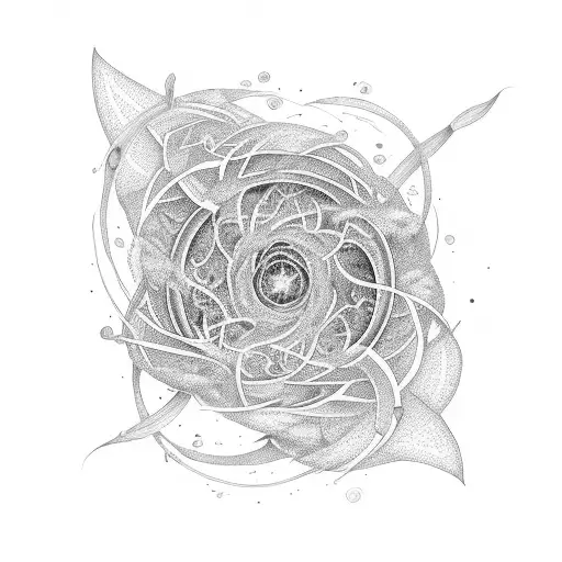 A Detailed Thin Line Tattoo Of A Man And Plants Intertwined In A Cosmic Spiral Of Annihilation