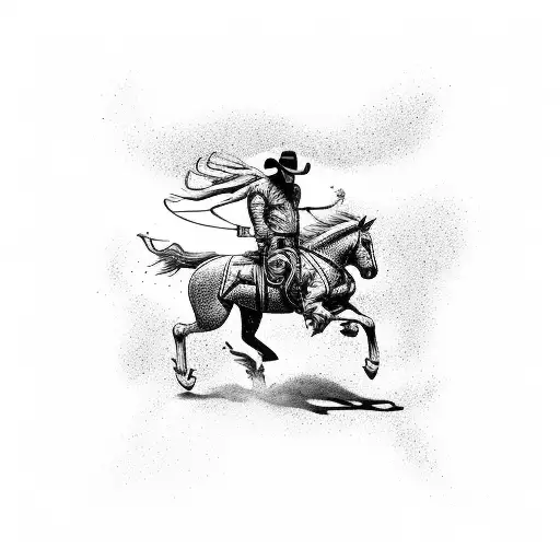 Cowboy On A Galloping Horse Against The Red Orange Sun