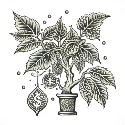 Money Tree With Dotwork Leaves And Dollar Sign Fruits