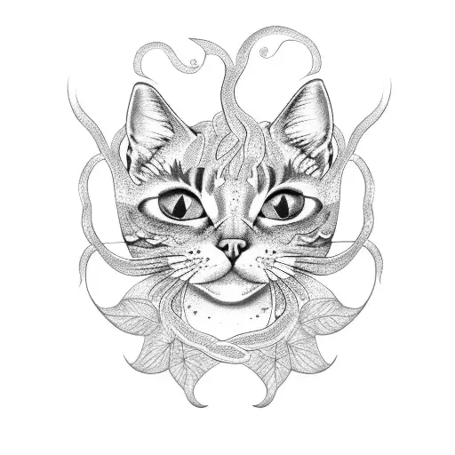 A Dotwork Tattoo Of A Cat With A Tail Made Of Twisting Vines And Leaves