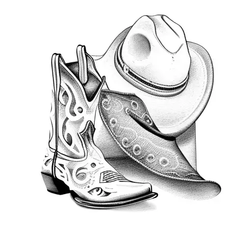 Cowboy Hat On Top Cowboy Boots With Spurs And Bull Skull