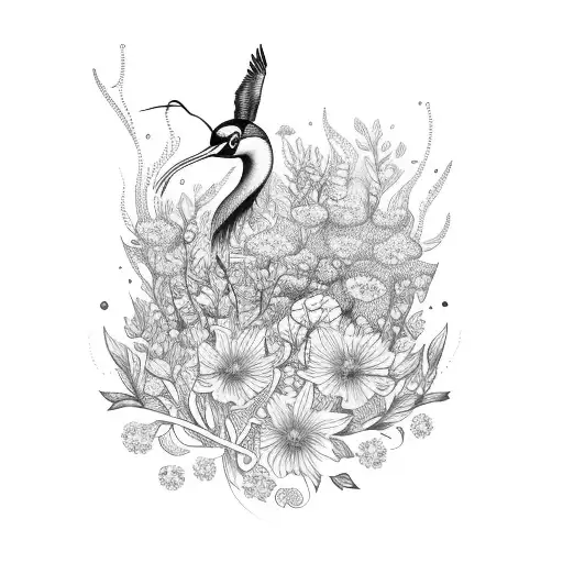 Create A Tattoo Of A Construction Crane Surrounded By Wildflowers And Flowing Water