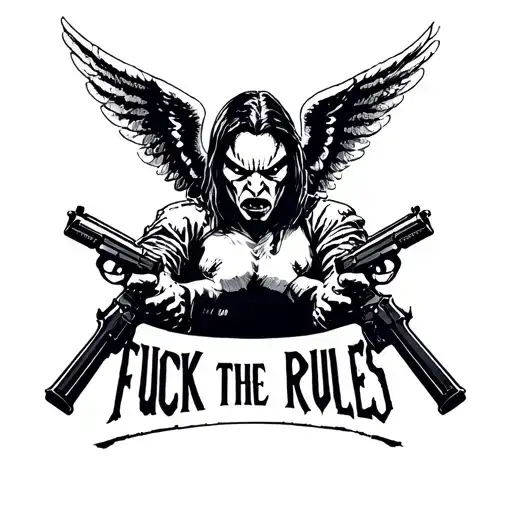 A Minimalist Design Of An Angry Angel Holding Two Guns And The Words 'Fuck The Rules'