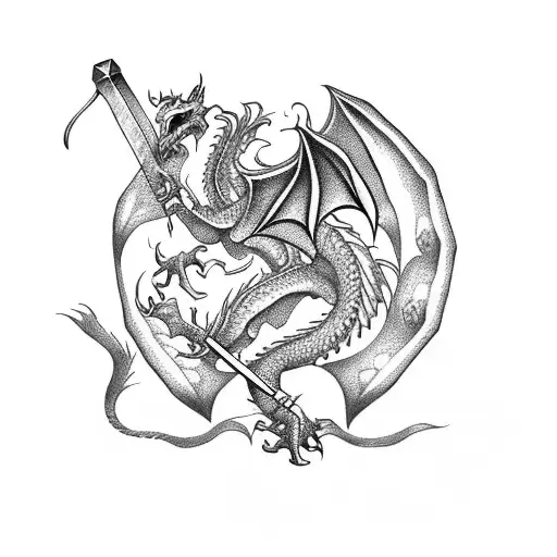 Dragon And A Devil With Sword Inside And Add Some Greek Design