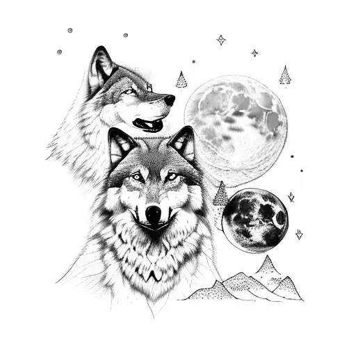 2 Wolves 1 Moon And Forest