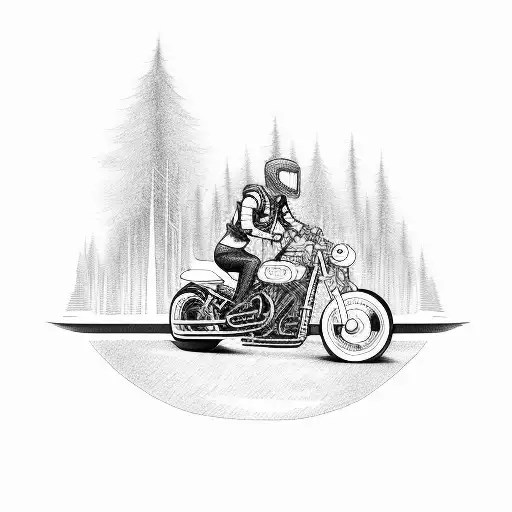A Tattoo Design Of A Ceo Riding A Motorcycle Through A Forest