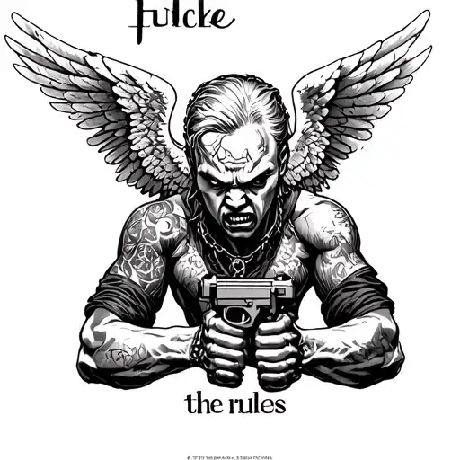 A Surrealistic Depiction Of An Angry Angel With Two Guns And The Bold Text 'Fuck The Rules'