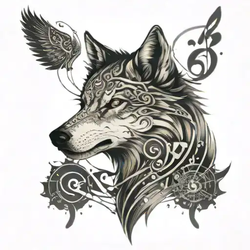 A Wolf With Wings Made Of Musical Notes Flying Towards A Symbol Of Peace