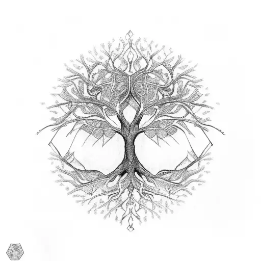 An Intricate Tree Of Life Tattoo With Electrical Circuit Patterns Woven Through The Branches