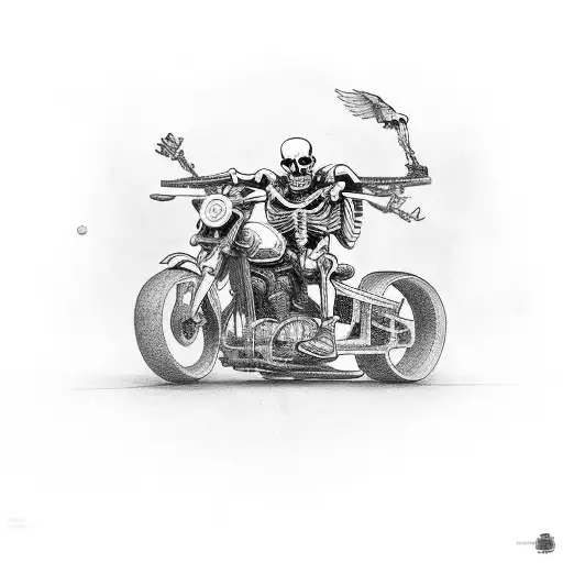 Skeleton Rides A Motorcycle With A Skateboard On His Back