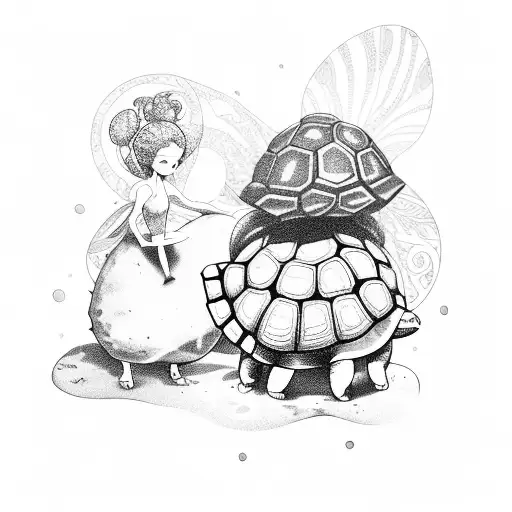 A Tortoise With A Messy Bun And A Fairy Sitting On Top Of Its Shell Playing A Video Game Together