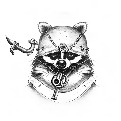 Pirate Raccoon With Eye Patch Holding A Mechanics Wrench And Anchor Chain