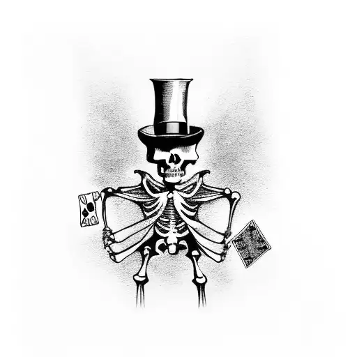 Tatu A Skeleton Stands In A Top Hat And With A Cane Throws Playing Cards Away From Him