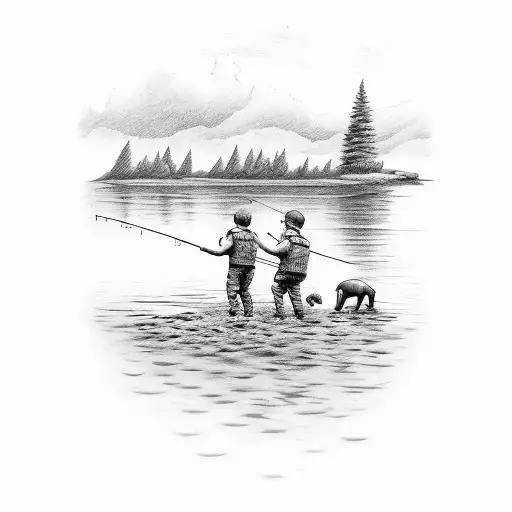 Dad And Two Young Boys Fishing On Side Of River