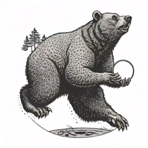 A Dotwork Tattoo Of A Bear Catching A Frisbee In A Disc Golf Course Surrounded By Trees