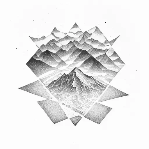 An Intricate Dotwork Tattoo Of A Galaxy With A Silhouette Of A Hiker On A Mountain Peak