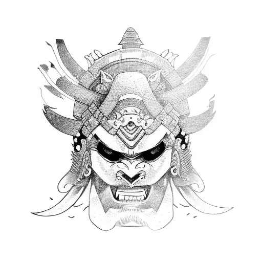 Samurai On Oni Mask Under The Half Moon With Sakurapetals