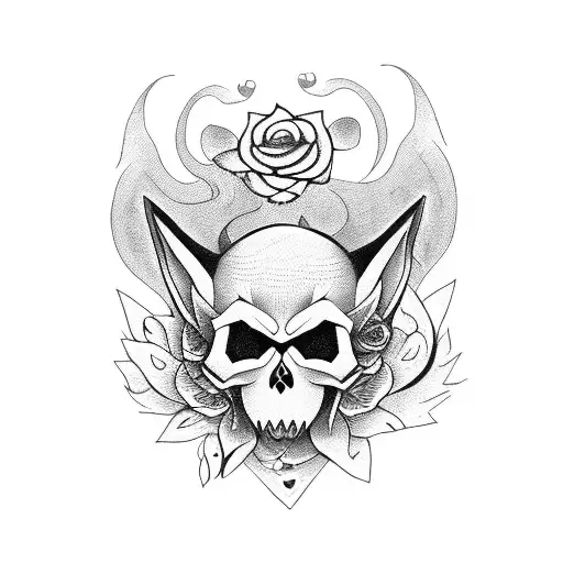 Kitsune With Skull And Roses For Hand