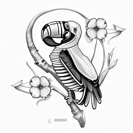 Skeleton Toucan With Flowers Coming Out Of Its Open Belly