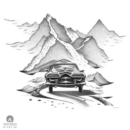 A Dotwork Tattoo Of A Vintage Car Driving Around The Globe With Mountain Peaks In The Background