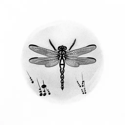 A Detailed Dragonfly Flying Over A Beach Landscape With Music Notes In The Background