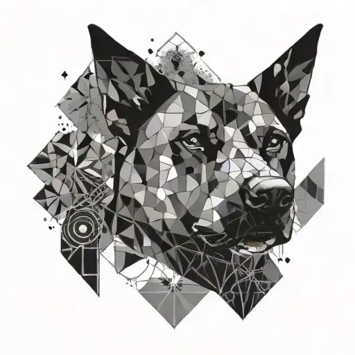 A Geometric Design Featuring A Dog Silhouette Surrounded By Symbols Of Strength And Resilience