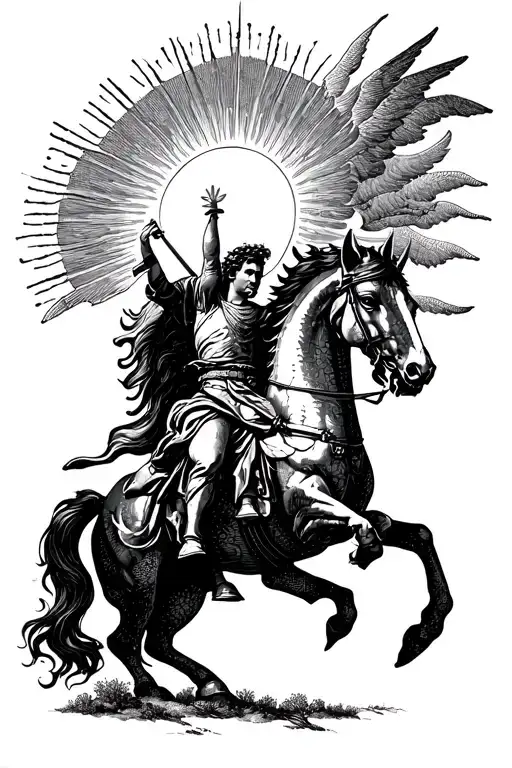 Greek Mythology Themed Saint George Riding A Pegasus And Slaying A Dragon In Front Of The Sun
