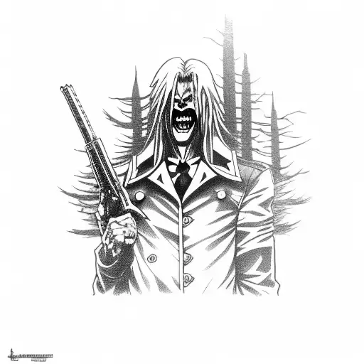 A Horror Movie Scene With Alucard From Hellsing Holding A Gun In A Dark Forest