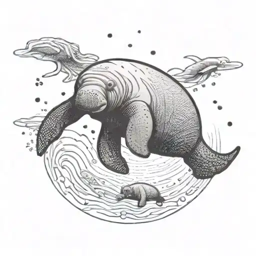 Manatee Mother And 1 Baby Swimming Together In The Same Direction