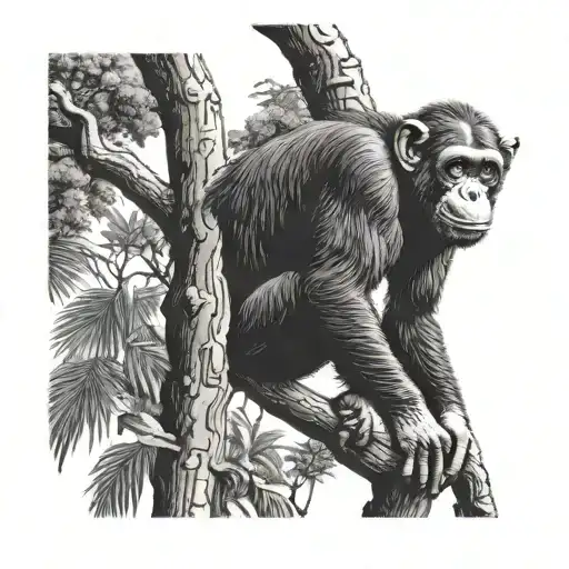 A Chimpanzee Swinging From Tree To Tree In The African Jungle