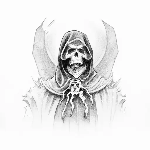 Grim Reaper Wearing Cape Sitting With One Hand On His Leg And Weapon On His Shoulder