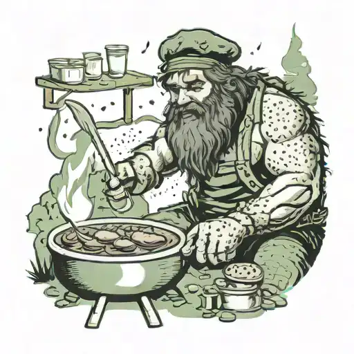 A Caveman Cooking Lunch Meat Over A Fire With A Green Beret Hat Nearby