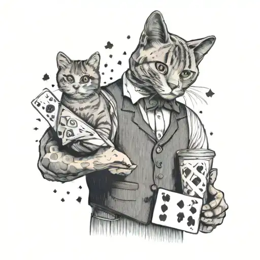 A Bartender Juggling Playing Cards And Cocktail Shakers With A Cat Perched On Their Shoulder