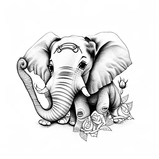 Happy Elephant Face Surrounded Roses