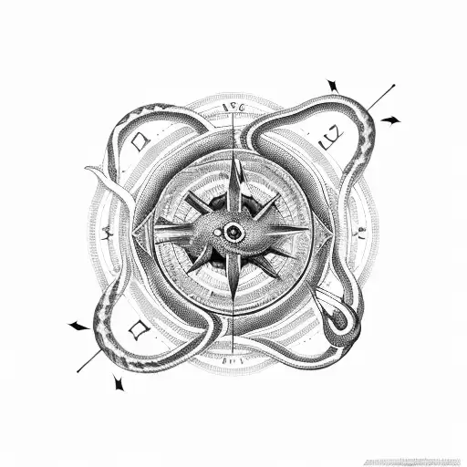 Snakes Wrappee On Compass With Arrow