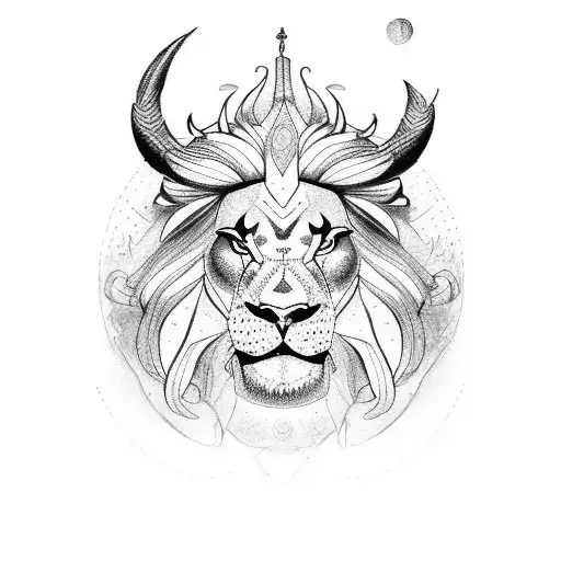 A Dotwork Tattoo Of A Mythical Creature That Combines The Features Of A Bull And A Lion