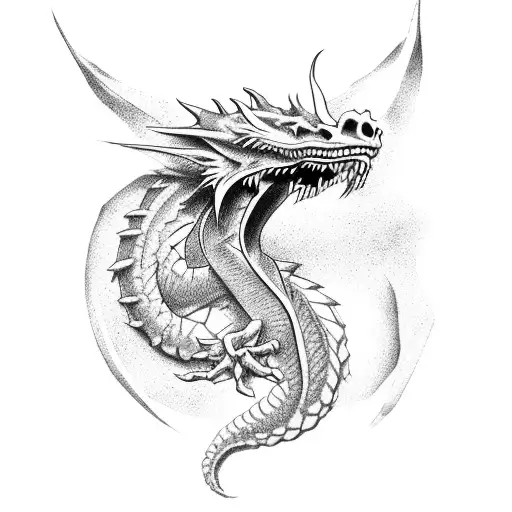 Create A Tattoo Of A Sigilism Dragon Draped Over The Shoulder Screeching Into The Air