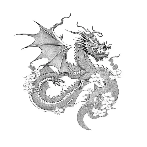 A Dragon Flying Over A Cherry Blossom Garden In Japan