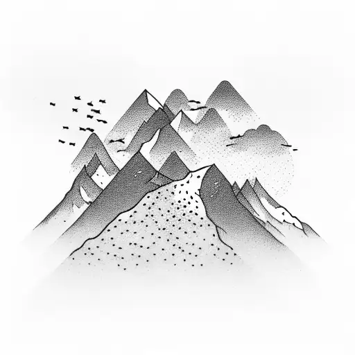 A Mountain Range With Sparrows Flying In Formation Resembling A Football Play