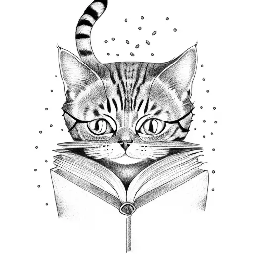 A Cat Reading A Book In A Cozy Coffee Shop