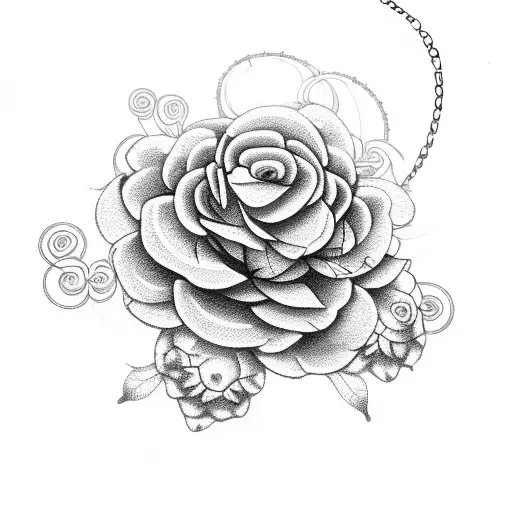 A Dotwork Tattoo Of A Floral Wreath Made Of Peonies And Roses With Chains Hanging From It